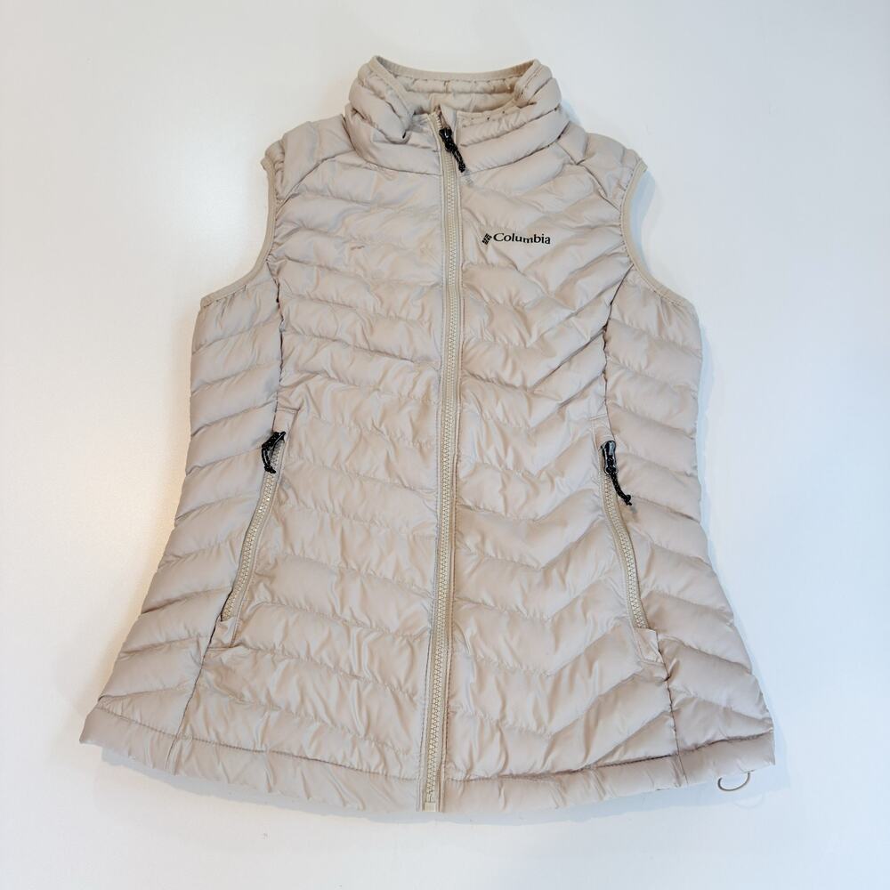 Columbia Womens Medium M Powder Lite Puffer Vest Grey White Omni-Heat Insulated